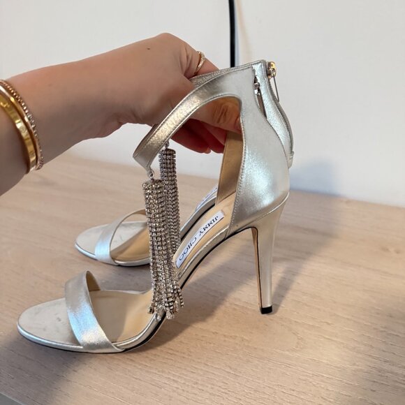 Jimmy Choo Viola 100 Sandals Metallic Silver Crystal Tassel Ankle Strap Sz 41.5 - Picture 9 of 14